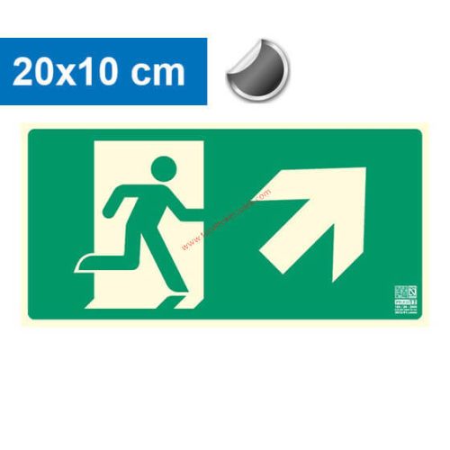 Ukazovateľ únikovej cesty vpravo hore (po schodoch), Podsvietená samolepiaca tabuľa 20x10 cm - IMPLASER B150